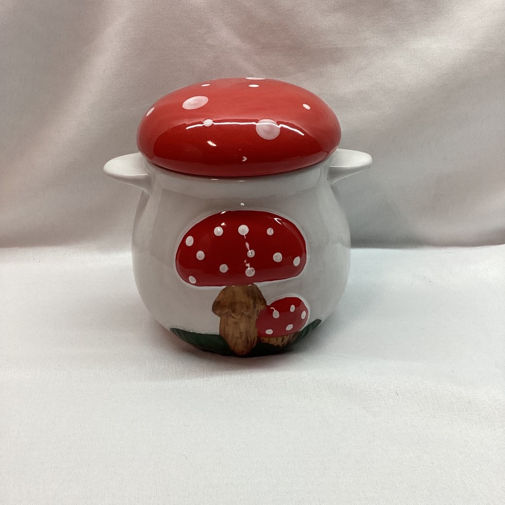 Ceramic Mushroom Garlic Keeper Red Toadstool Vented Canister with Lid